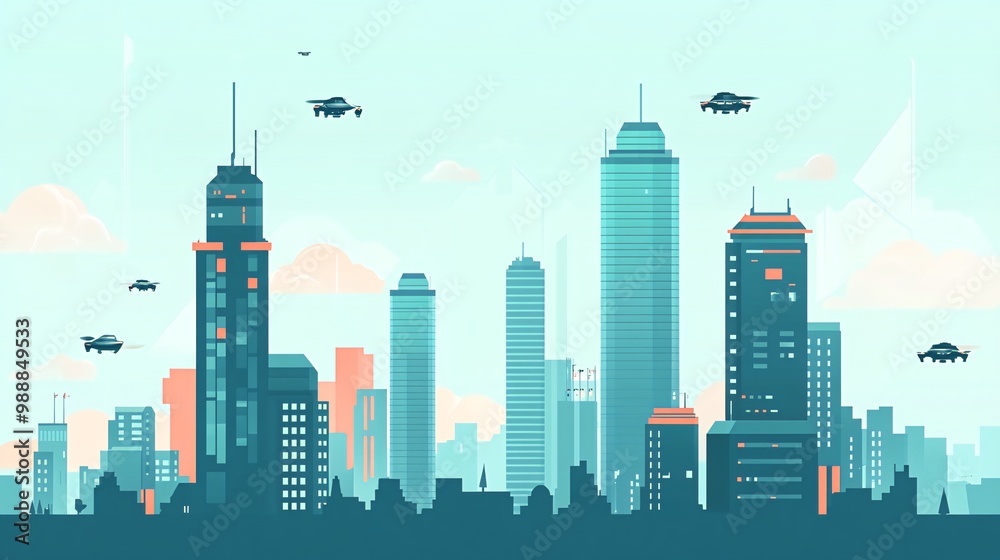 Fototapeta premium Futuristic cityscape with flying cars and tall buildings.