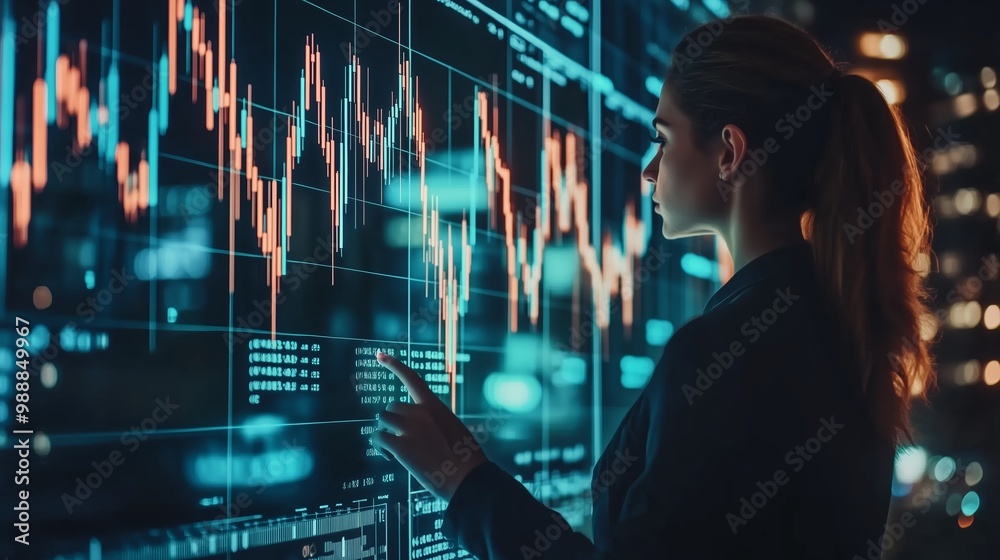 A professional woman analyzes stock market data on a digital screen in a modern office during the evening hours A professional woman analyzes stock market data on a digital screen in a modern office during the evening hours
