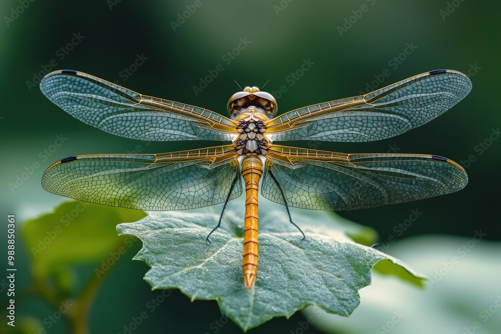 A dragonfly with orange and brown markings sits on a green leaf, its wings spread wide. A dragonfly with orange and brown markings sits on a green leaf, its wings spread wide.