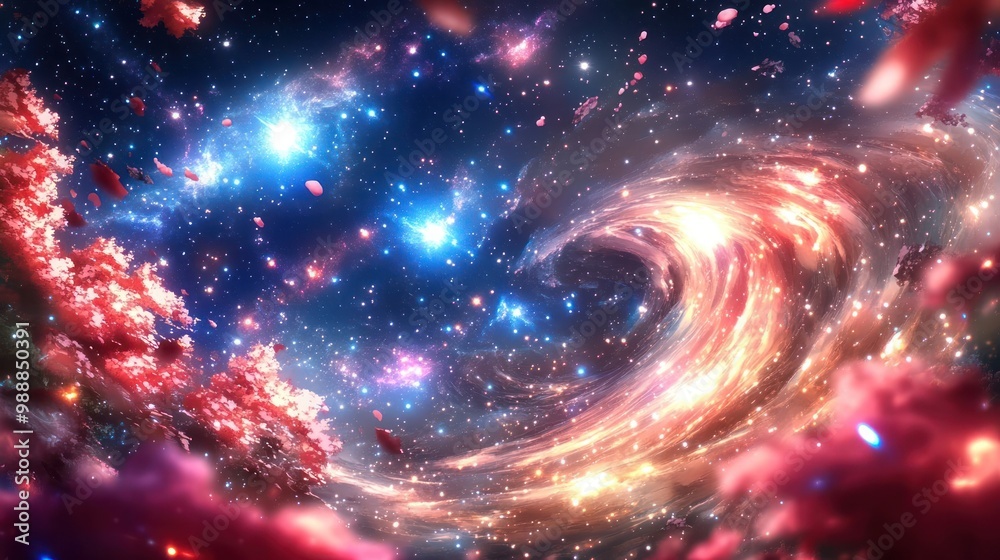 A vibrant cosmic scene filled with swirling galaxies and colorful celestial elements. A vibrant cosmic scene filled with swirling galaxies and colorful celestial elements.