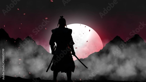 A Samurai Standing And Watch Sun Risings During His Sword Practice, Animation Background With Cherry Blossom Trees Leaf, Mountain And Sun Rising View Motion Animation. Sun Rising View Watching 