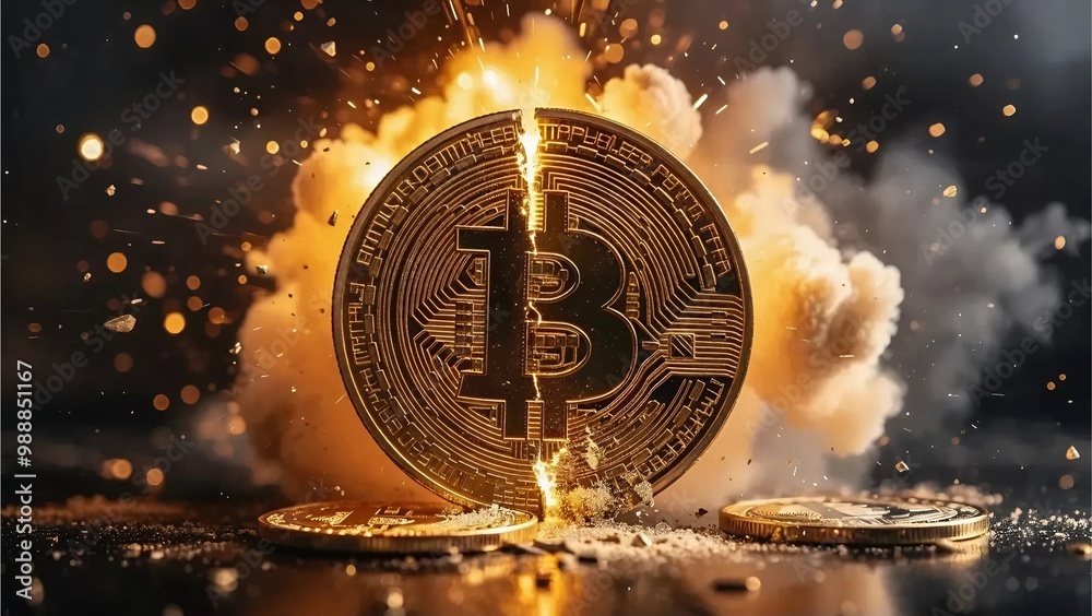 Bitcoin explodes with smoke and coins, symbolizing the end of an era ...