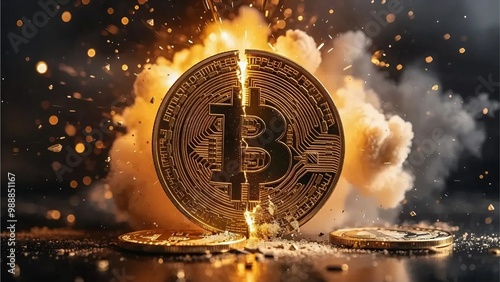 Bitcoin explodes with smoke and coins, symbolizing the end of an era and the upcoming halving in 2024, Generative AI. photo