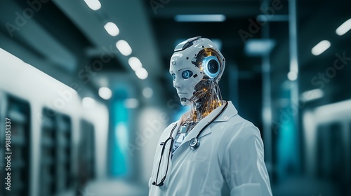 Doctor in a coat with a robot head and a stethoscope, robotic doctor is the future of medicine. Artificial intelligence Modern technologies of neural networks genarative ai photo