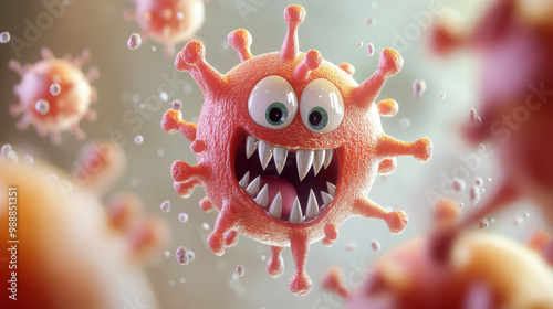 A cute monster cartoon virus with big teeth attacking a human cell against a blurred background.