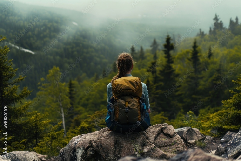 Fototapeta premium Hiker landscape backpack sitting.