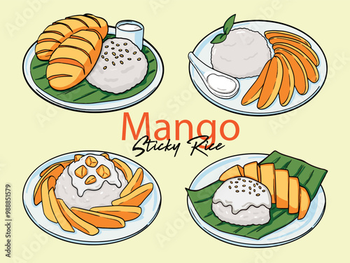 Isolated hand drawn Mango sticky rice food vector illustration