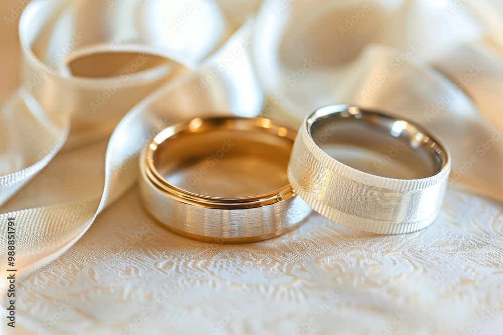 Two Rings. Wedding Bands with Luxury Ribbon on Elegant White Background Two Rings. Wedding Bands with Luxury Ribbon on Elegant White Background