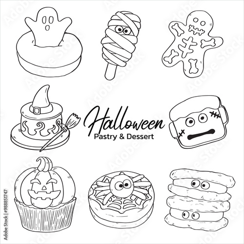 Collection of outline drawing Halloween season pastry an d dessert food illustration vector set1