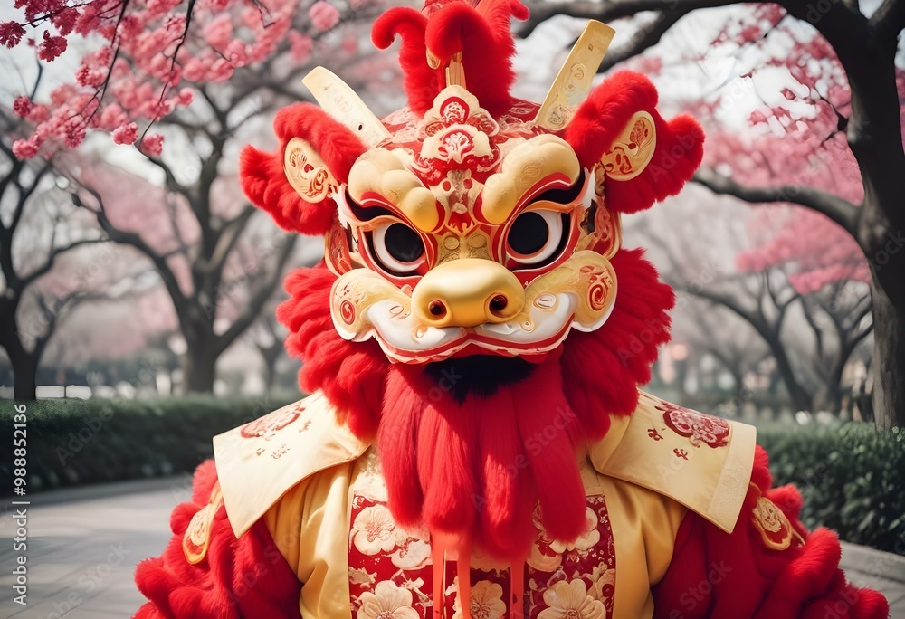 A colorful Chinese lion dance costume with a red and gold headdress, large eyes, and intricate patterns A colorful Chinese lion dance costume with a red and gold headdress, large eyes, and intricate patterns