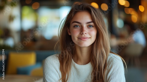 stylish young woman in chic restaurant interior, sitting in a relaxed atmosphere with a charming design, showcasing confidence, elegance, and contemporary fashion in a modern, cozy dining space