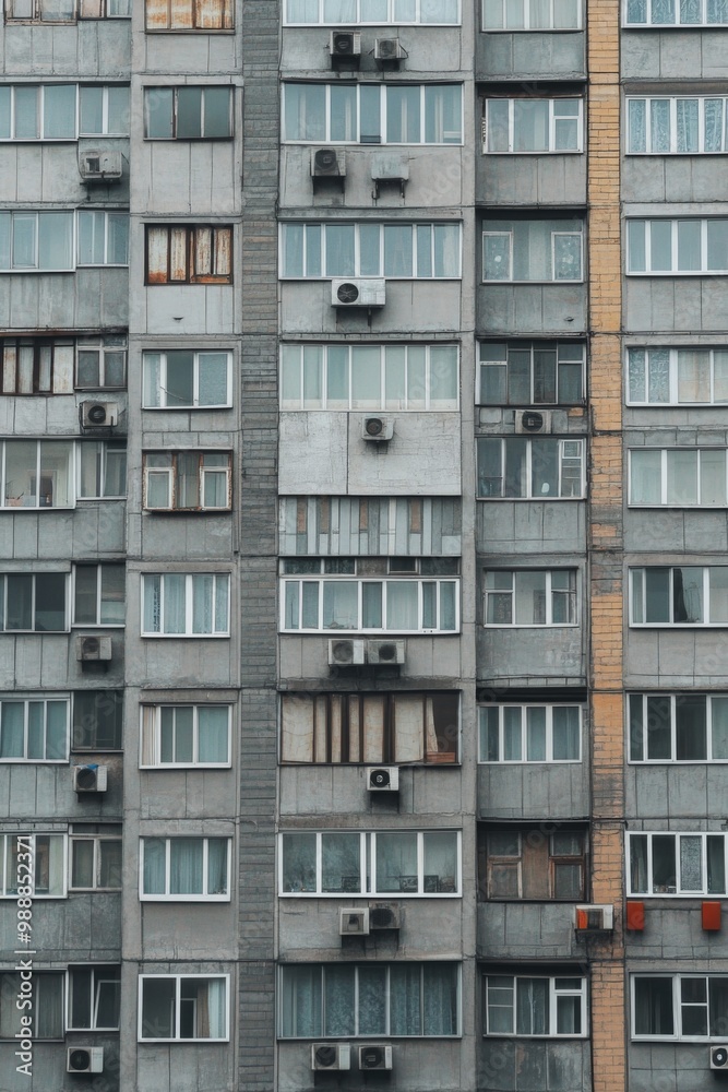 Facade of a Grey Multi-storey Panel building in Russia, Soviet architecture houses Facade of a Grey Multi-storey Panel building in Russia, Soviet architecture houses