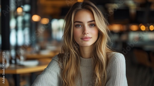 Wallpaper Mural stylish young woman in chic restaurant interior, sitting in a relaxed atmosphere with a charming design, showcasing confidence, elegance, and contemporary fashion in a modern, cozy dining space Torontodigital.ca