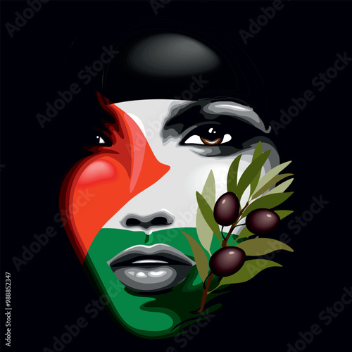 Palestine Flag colors on Beautiful Girl Portrait with an Olive Branch, Symbol of Palestinian Strength and Resistance Vector Illustration
