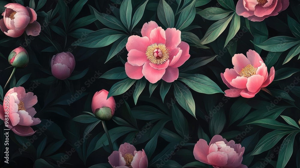 Pink peonies in full bloom, set against a dark background with lush green leaves, creating an elegant and romantic floral pattern. Pink peonies in full bloom, set against a dark background with lush green leaves, creating an elegant and romantic floral pattern.