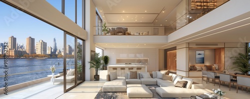 Wallpaper Mural Modern Luxury Waterfront Living Room with Panoramic City Views and Elegant Interior Design Torontodigital.ca