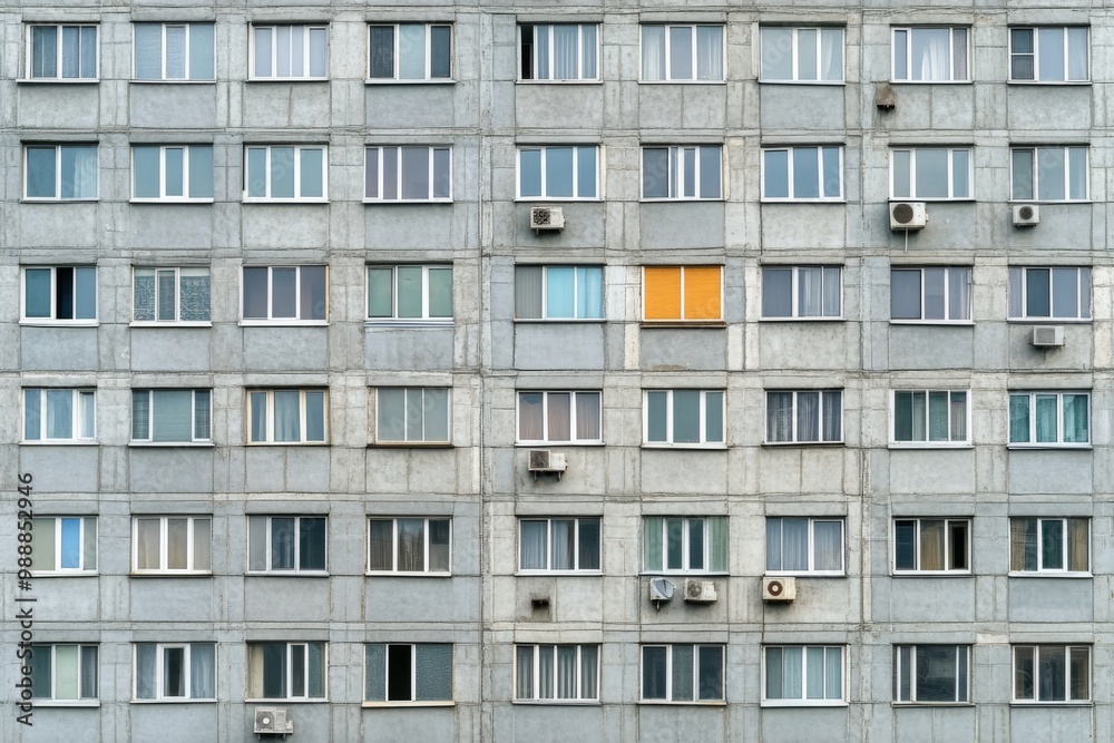 Facade of a Grey Multi-storey Panel building in Russia, Soviet architecture houses Facade of a Grey Multi-storey Panel building in Russia, Soviet architecture houses