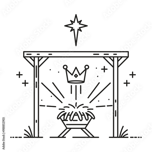 The contour illustration of a nativity scene with a star and a crown symbolizes the birth of Jesus Christ.