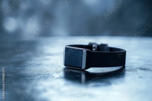 smartwatch, fitness tracker, black band, modern design, technology, wearable device, stylish accessory, elegant look, contemporary photography This image features a black smartwatch on a textured su