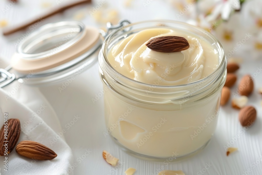 Glass jar with vanilla pudding with almond on table, white background, MZ Glass jar with vanilla pudding with almond on table, white background, MZ