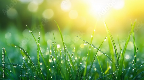 lush green park with dewy grass blades reflecting morning sunlight, close-up of nature's freshness, soft light, and calm environment offering a serene and peaceful outdoor background