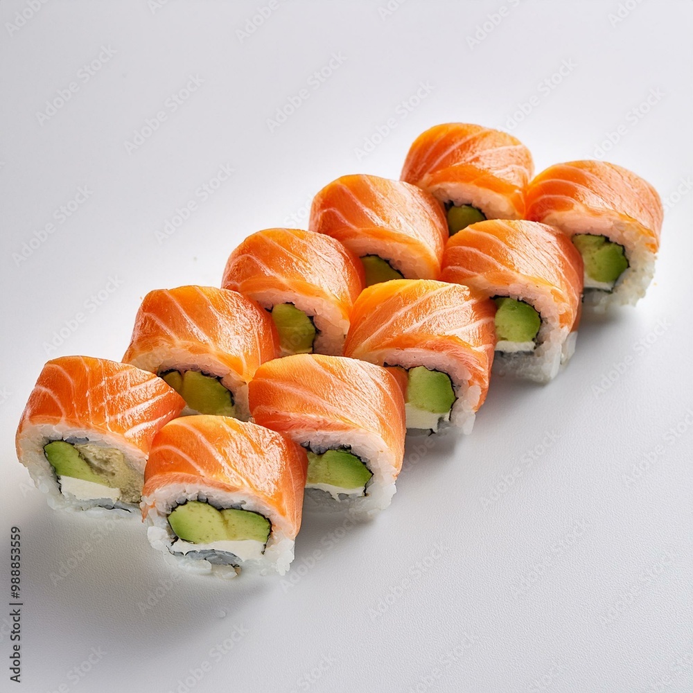Salmon and avocado sushi rolls on white background Salmon and avocado sushi rolls on white background