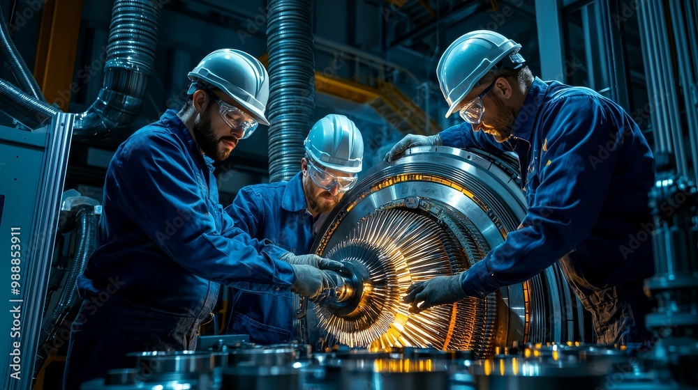 Three engineers work on a complex turbine, showcasing teamwork and advanced machinery in a high-tech industrial environment. Three engineers work on a complex turbine, showcasing teamwork and advanced machinery in a high-tech industrial environment.