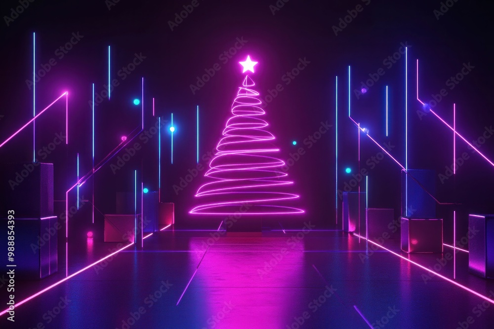 Christmas tree neon lights, colorful glow, festive background, bright decorations in purple and blue shades, modern holiday theme with dynamic neon effects for celebration imagery Christmas tree neon lights, colorful glow, festive background, bright decorations in purple and blue shades, modern holiday theme with dynamic neon effects for celebration imagery
