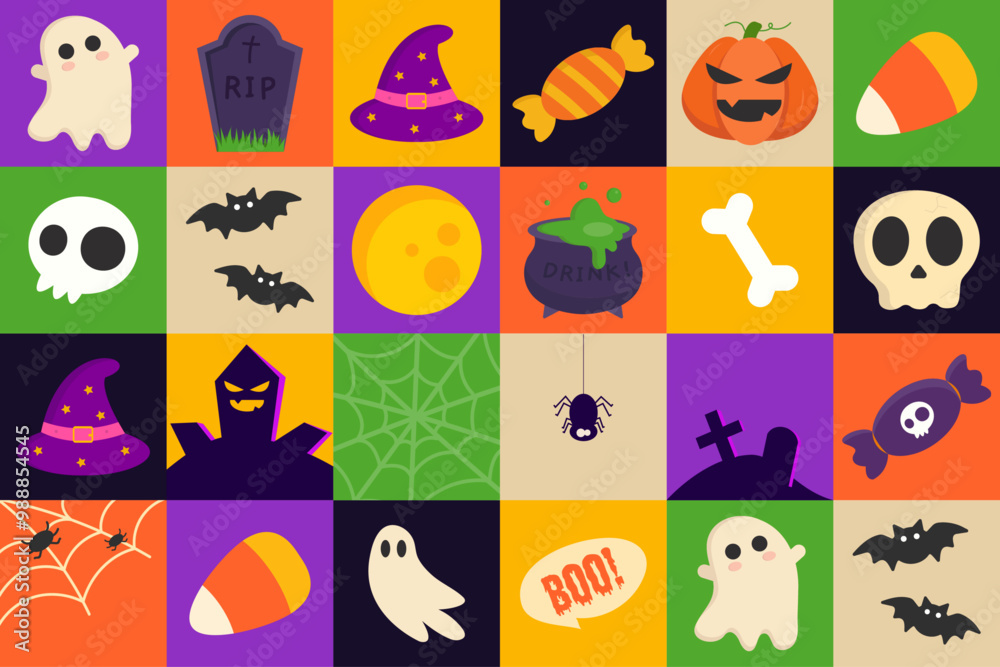 Halloween geometric icon pattern. Set of spooky elements. Colorful modern vector illustration. Halloween geometric icon pattern. Set of spooky elements. Colorful modern vector illustration.