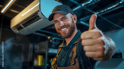 A smiling technician gives a thumbs-up in a workshop, showcasing a positive attitude and professionalism in his trade.