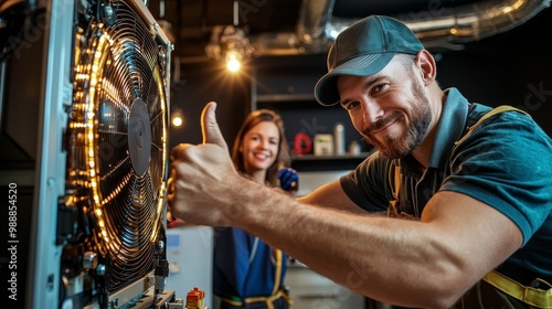 A technician and a woman work together on an appliance, showcasing teamwork and expertise with a thumbs-up gesture.