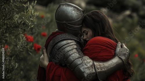 A knight wearing armor embraced a lady in a red dress. Knight and princess