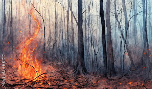 Solstice bonfire in a forest with glowing flames and smoky atmosphere 