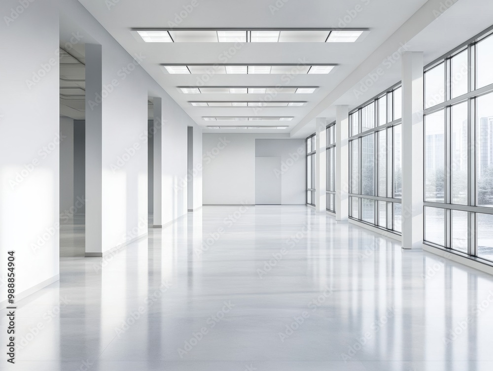 A large, empty room with a white ceiling and white walls. There are no people in the room A large, empty room with a white ceiling and white walls. There are no people in the room