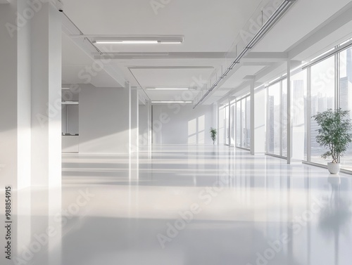 A large, empty room with a white ceiling and white walls. There is a potted plant in the corner