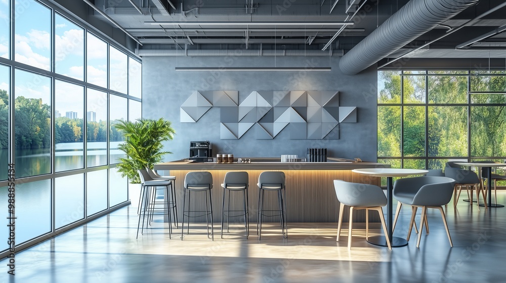 wall mural design for an office break room, featuring a modern ...