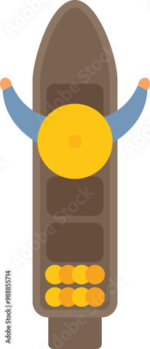 Top view of a vietnamese merchant paddling his small wooden boat full of coconuts