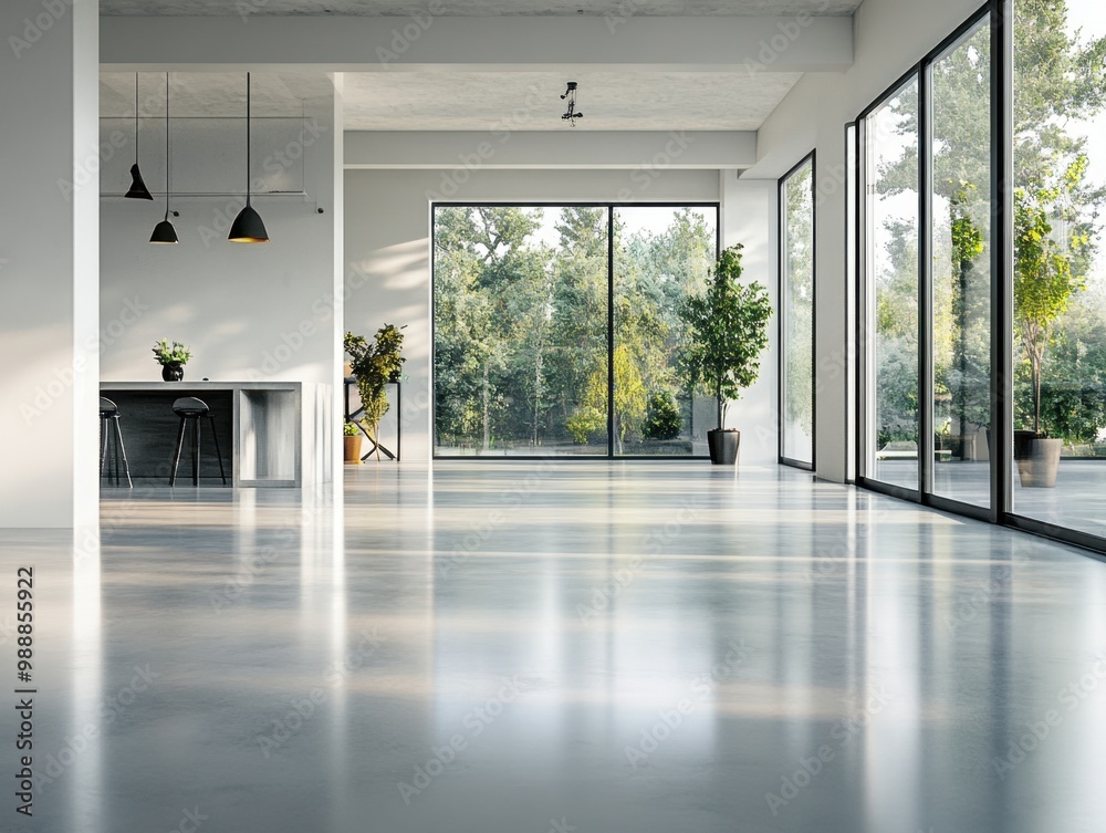 Fototapeta premium A large open room with a kitchen and a dining area. The room is very clean and has a lot of natural light