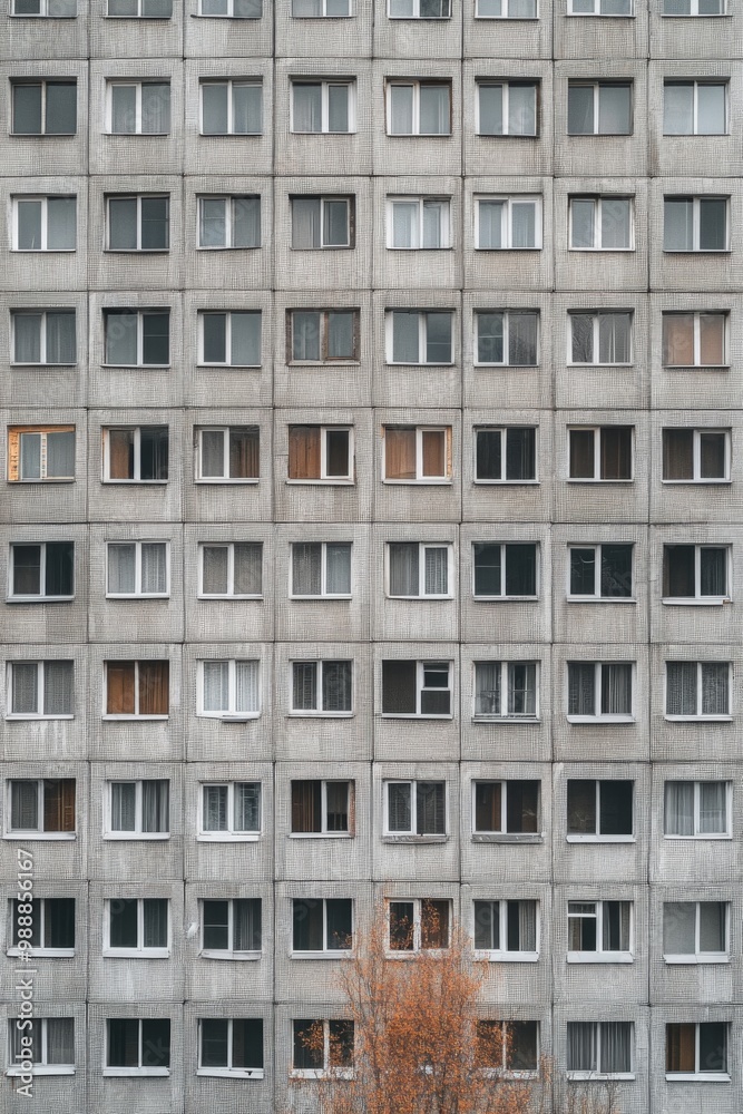 Facade of a Grey Multi-storey Panel building in Russia, Soviet architecture houses