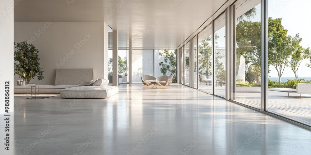 Fototapeta premium A large open living room with a white couch and a white chair. The room has a lot of windows and a view of the ocean