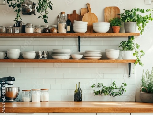 Wallpaper Mural A kitchen with a wooden shelf with many white plates and bowls on it. There are also some potted plants on the shelf Torontodigital.ca