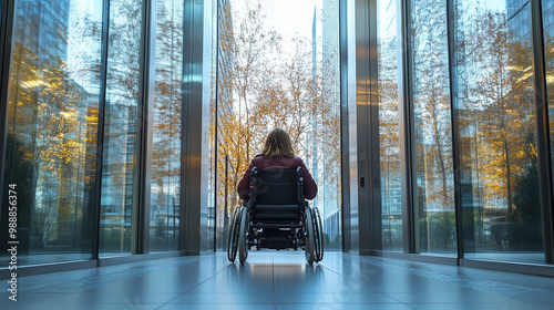 person in motorized wheelchair waits in modern building, surrounded by glass