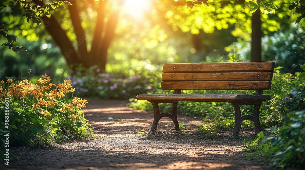 rustic wooden bench in a lush blooming garden with sunlight filtering through trees, a picturesque scene for outdoor relaxation and enjoying the beauty of nature’s landscape and flowers rustic wooden bench in a lush blooming garden with sunlight filtering through trees, a picturesque scene for outdoor relaxation and enjoying the beauty of nature’s landscape and flowers