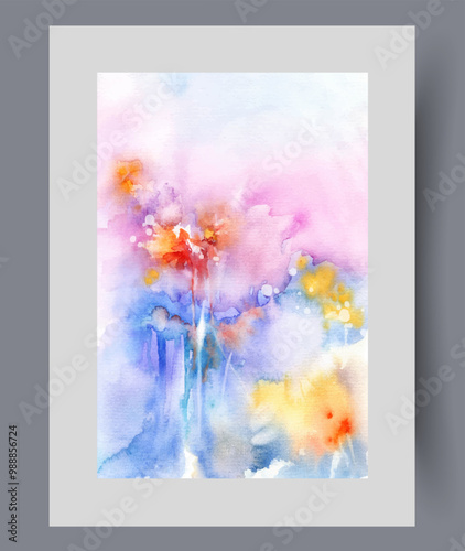 Abstract flowers lawn with flowering plants and bright organic herbs emerging in spring. Watercolor illustration with flowers for magazine about flora or botanicals and floriculture. Wall art, print