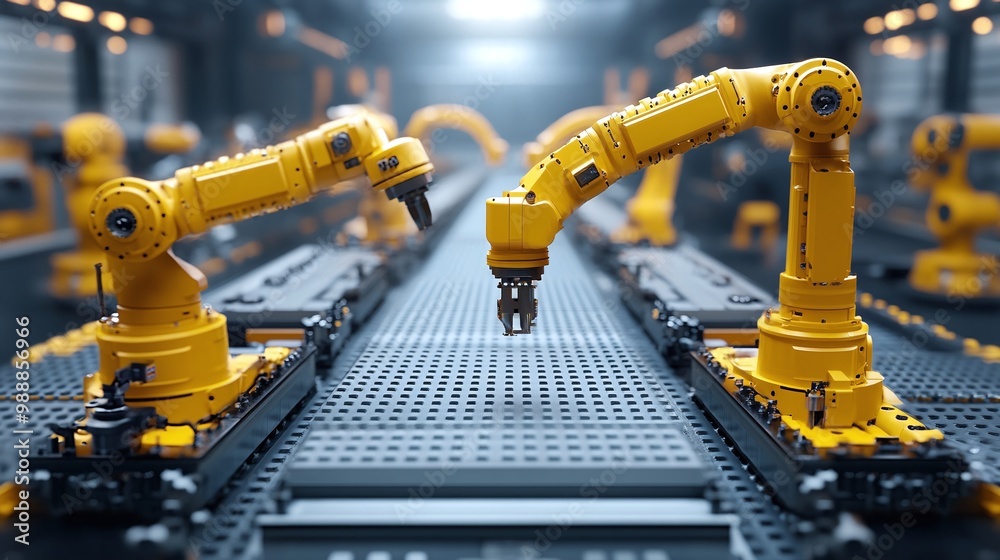 factory automation with yellow robotic arms on assembly line, robotics and industrial engineering for manufacturing efficiency, technology-driven production process factory automation with yellow robotic arms on assembly line, robotics and industrial engineering for manufacturing efficiency, technology-driven production process