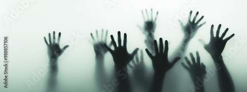 Halloween background, zombie hand reaching out from the ground on dark scene background, Dramatic smoke or fog effect for graveyard night view spooky, halloween party decoration horror concept