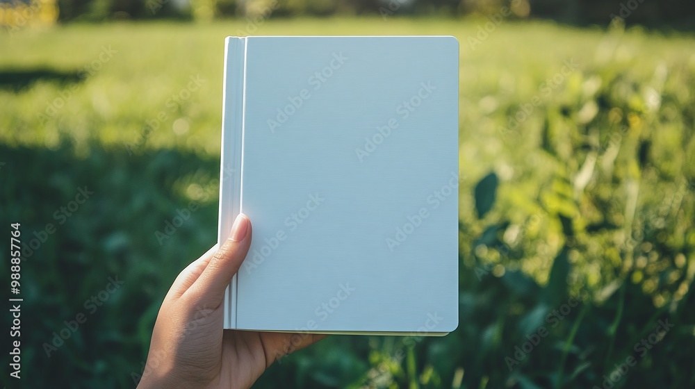 blank hardcover book mockup in hand on sunny day with lush green grass background, outdoor reading lifestyle, creative design inspiration, nature and sunlight, fresh air vibes, leisure and education blank hardcover book mockup in hand on sunny day with lush green grass background, outdoor reading lifestyle, creative design inspiration, nature and sunlight, fresh air vibes, leisure and education