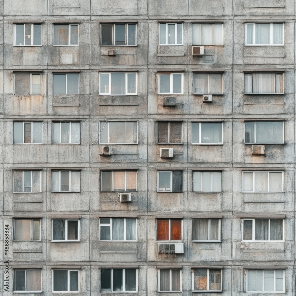Facade of a Grey Multi-storey Panel building in Russia, Soviet architecture houses Facade of a Grey Multi-storey Panel building in Russia, Soviet architecture houses
