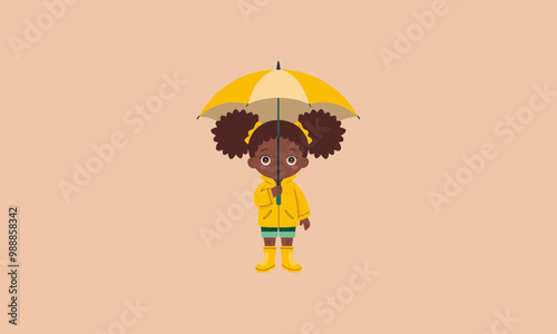 Little girl with yellow umbrella and raincoat