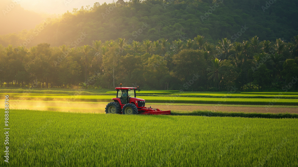 Fototapeta premium Tractor Plowing Lush Green Rice Fields at Sunrise